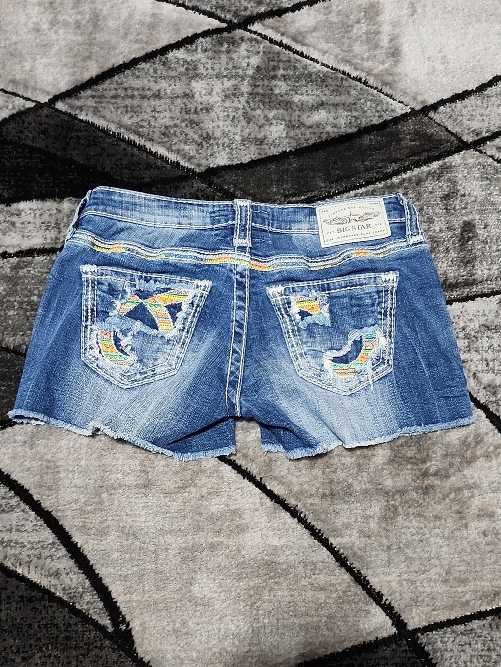 VINTAGE BIG STAR LIV EMBROIDERED METALLIC NEON AZTEC RAW-EDGE DENIM SHORTS